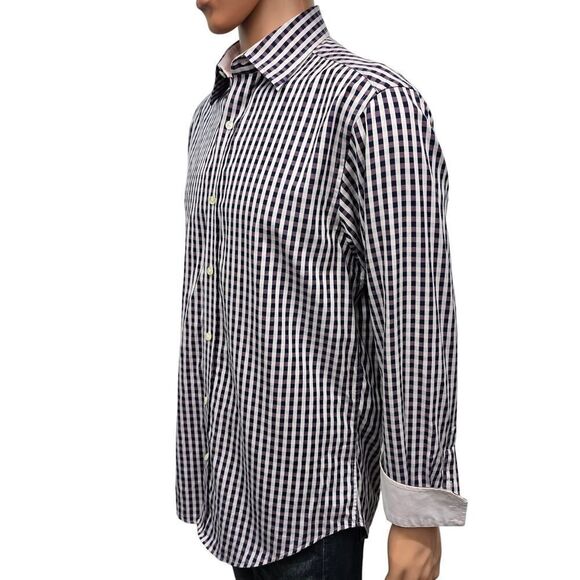 JOHNSTON & MURPHY Dress Shirt Sz M Tailored fit Contrast Flip Cuff Gingham check - Picture 4 of 12